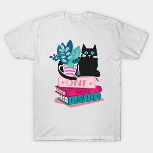 One more chapter // spot // pastel pink background black cat striped mug with plants red teal and yellow books with quote T-Shirt